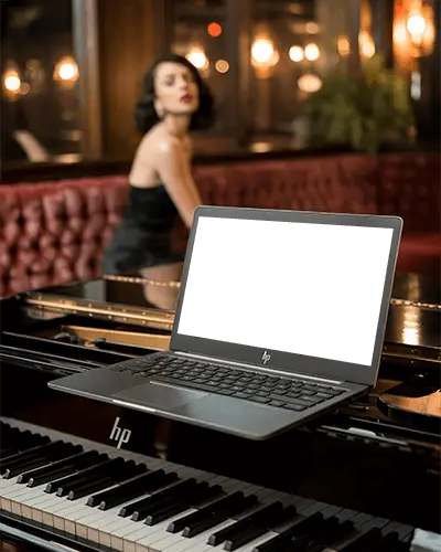 Hp Laptop Mockup On Grand Piano In Luxury Lounge With Elegant Woman In Background