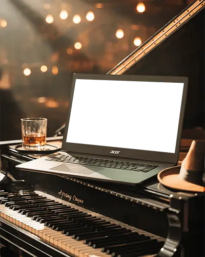 Atmospheric Acer Laptop Mockup In Bar Scene On Piano With Drink And Soft Warm Lighting
