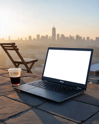 Dell Laptop Mockup On Rooftop With City Skyline View And Coffee Cup During Sunset