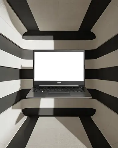Acer Laptop Mockup In Modern Abstract Room With Black And White Striped Walls And Light