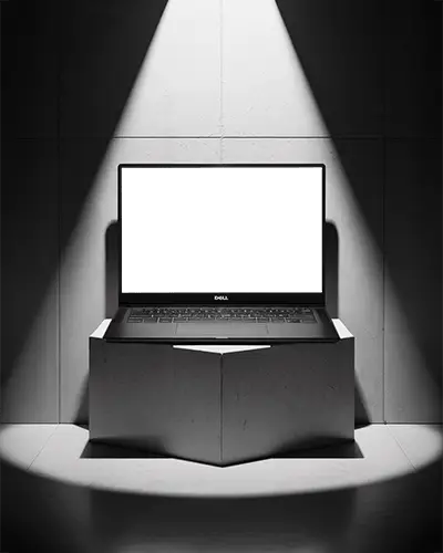 Dell Laptop Mockup On Geometric Pedestal With Dramatic Spotlight In Modern Minimal Scene