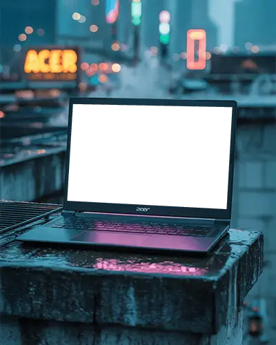 Acer Laptop Mockup On Rooftop Edge With Neon City Lights And Moody Urban Night Vibes