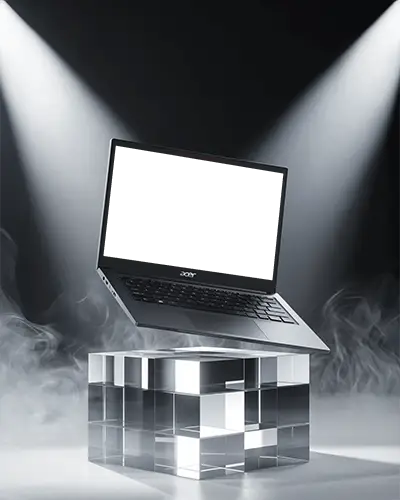 Acer Laptop Mockup Floating Above Glass Pedestal With Dramatic Spotlights And Smoke
