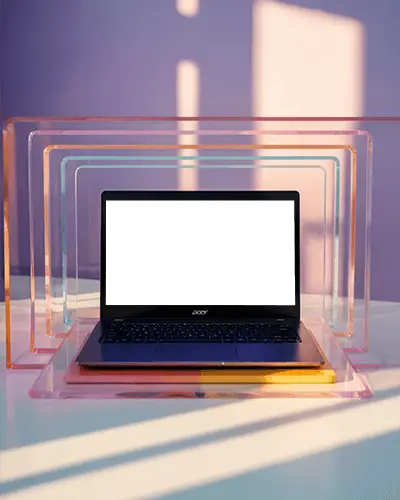 Acer Laptop Mockup On Colorful Acrylic Frames With Modern Geometric Design And Sunlight