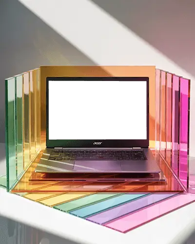 Acer Laptop Mockup On Rainbow Colored Acrylic Panels With Bright Sunlight And Modern Style