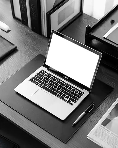 Asus Laptop Mockup On Modern Desk With Pen Newspaper And Monochrome Office Style
