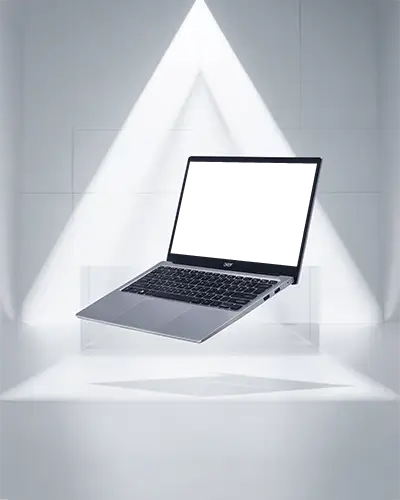 Acer Laptop Mockup Floating In Minimal White Studio With Bright Spotlights And Clean Design