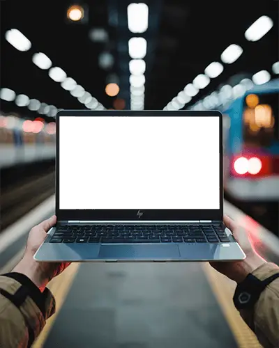 Hp Laptop Mockup Held In Hands At Modern Train Station With Blurred Lights And Subway Vibes