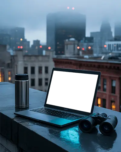 Razer Gaming Laptop Mockup On Urban Rooftop With City Skyscrapers And Misty Night Atmosphere