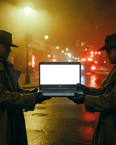 Mysterious Hp Laptop Mockup Night Scene With Two Figures In Coats Under Street Lamp Glow