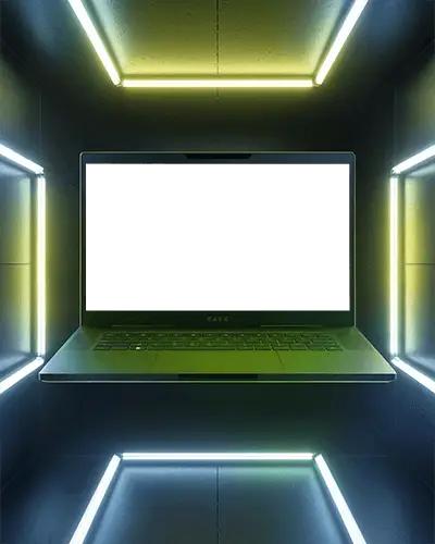 Razer Gaming Laptop Mockup Floating In Neon Light Cube With Futuristic Sci Fi Ambience