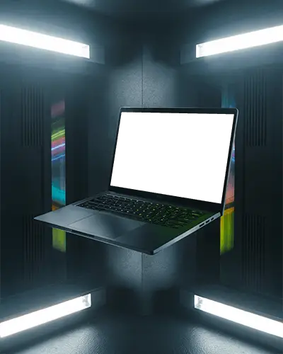 Razer Laptop Mockup Floating In Modern Lightbox With Bright Led Panels And Dark Studio Vibe