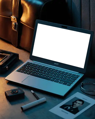 Acer Laptop Mockup On Desk With Camera Documents And Leather Bag In Spy Thriller Ambience