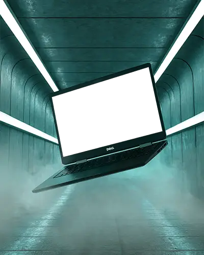 Dell Laptop Mockup Floating In Sci Fi Tunnel With Fog And Modern Neon Ceiling Lights