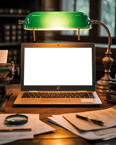 Hp Laptop Mockup On Vintage Wooden Desk With Green Lamp And Scattered Documents Study Scene