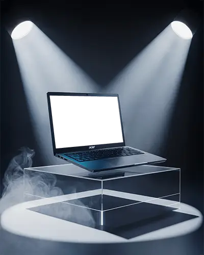 Acer Laptop Mockup Under Spotlights On Glass Stand With Dramatic Smoke And Dark Background