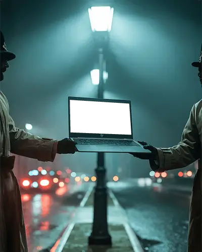 Cinematic Hp Laptop Mockup Night Scene With Two Figures Exchanging Device Under Lamp Post
