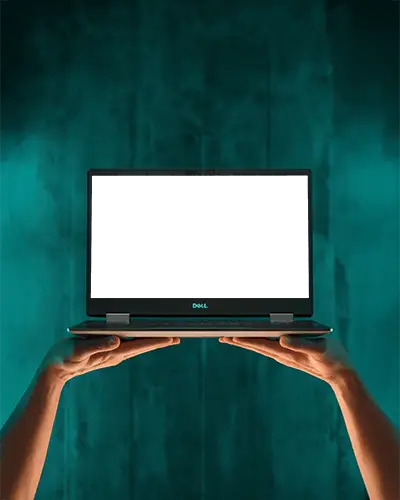 Dell Laptop Mockup Held Up By Hands Against Modern Teal Background In Minimal Studio Style