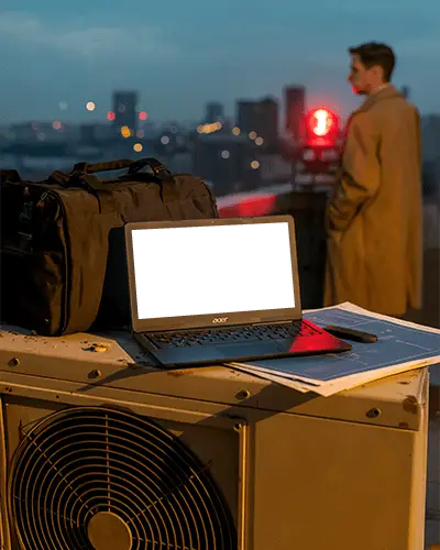 Acer Laptop Mockup On Rooftop With City Lights And Detective Figure In Coat At Sunset Scene