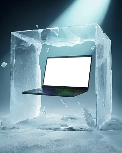 Razer Gaming Laptop Mockup Trapped In Ice Block With Dramatic Lighting And Frosty Surroundings