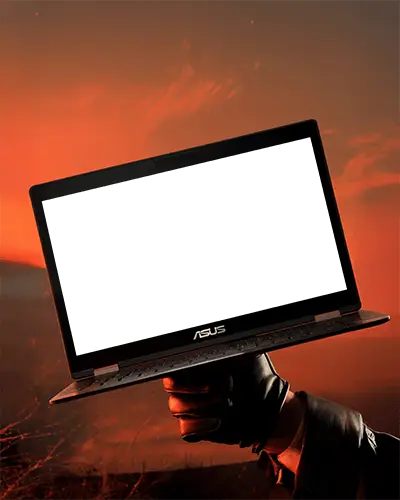 Cinematic Asus Laptop Mockup Held Up High In Gloved Hand With Burning Sunset Background