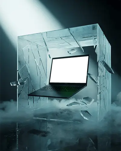 Razer Gaming Laptop Mockup Breaking Through Ice Cube With Dramatic Light And Misty Fog