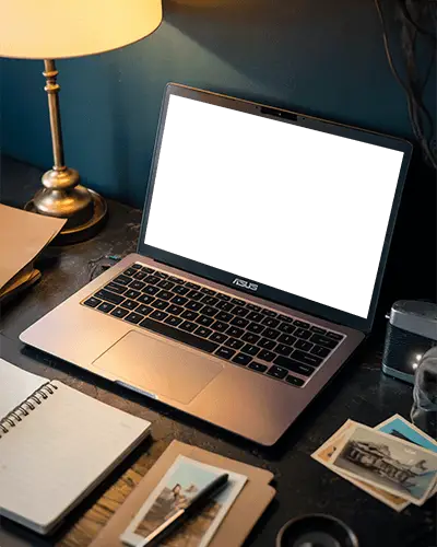 Asus Laptop Mockup On Cozy Desk With Warm Lamp Notebook And Vintage Photos For Creative Work