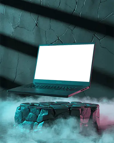 Razer Gaming Laptop Mockup Floating Above Rocky Pedestal With Dramatic Mist And Moody Light