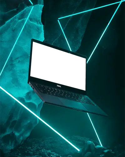Dell Laptop Mockup Floating In Cyber Cave With Glowing Neon Blue Lines And Rocky Surroundings