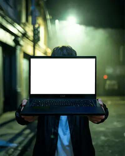 Cinematic Razer Laptop Mockup Night Scene With Person Holding Device Under Bright Streetlight