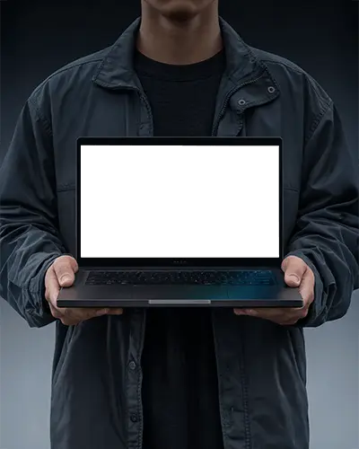 Modern Laptop Mockup Front View Held By Person In Dark Jacket Clean Tech Presentation