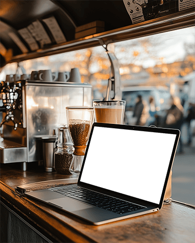 Coffee Shop Laptop Mockup On Countertop With Beverages And Café Ambience Cozy And Energetic Setting 036