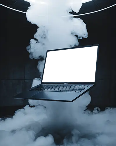 Futuristic Dell Laptop Mockup Floating In Smoke With Dramatic Lighting Modern Tech Display