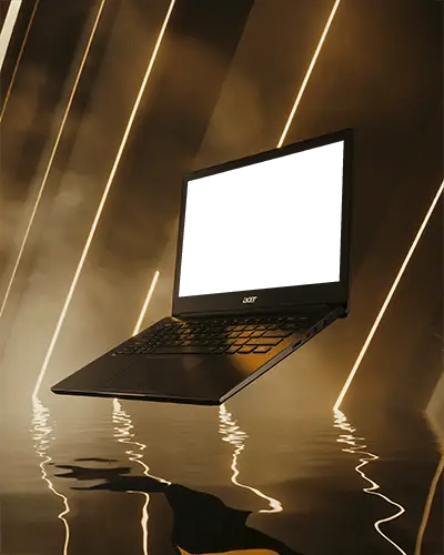 Futuristic Acer Laptop Mockup Floating Over Water With Golden Reflections And Dramatic Lighting