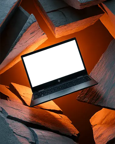 Hp Laptop Mockup Floating Above Cracked Stones With Glowing Orange Light And Dramatic Shadows