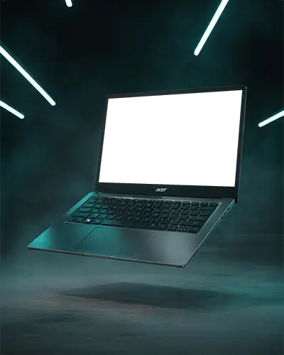 Acer Laptop Mockup Floating In Dark Studio With Blue Neon Lights And Modern Tech Vibes