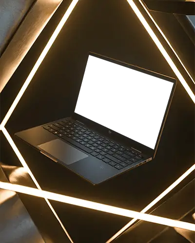 Hp Laptop Mockup Floating Inside Geometric Light Frame With Modern Futuristic Ambience