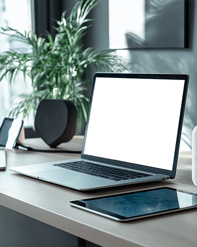 Modern Workstation Laptop Mockup With Digital Devices And Potted Plants Bright And Productive Vibe 037