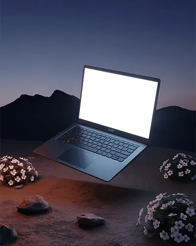 Acer Sleek Modern Laptop Floating Over Zen Inspired Landscape With Rocks And Floral Elements