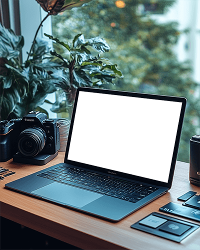 Creative Photographer Desk Laptop Mockup With Camera Gear And Greenery In A Natural Ambiance 038