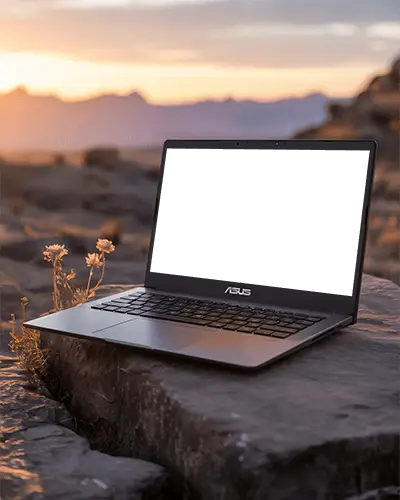 Asus Modern Laptop Mockup On Rocky Surface Outdoor Sunset Background For Tech Presentations