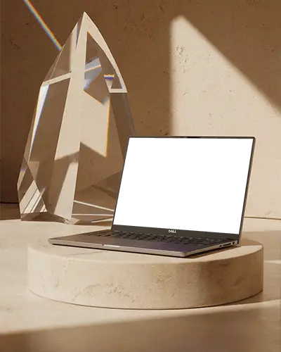 Dell Modern Laptop Mockup On Round Pedestal With Transparent Glass Decor For Promotional Use