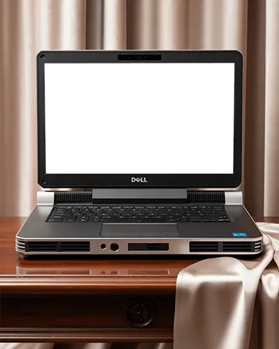 Dell Sleek Modern Laptop Mockup With Open Screen And Keyboard On Wooden Table Background