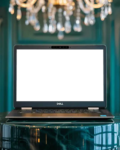 Dell Professional Laptop Device Mockup On Glossy Table With Transparent Black Screen