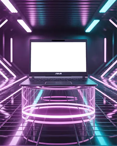 Asus Futuristic Laptop Mockup On Glowing Platform For Tech Presentations And Promotions