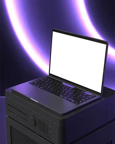 High Tech Laptop Mockup On Vintage Computer Tower With Digital Neon Light Ring Backdrop