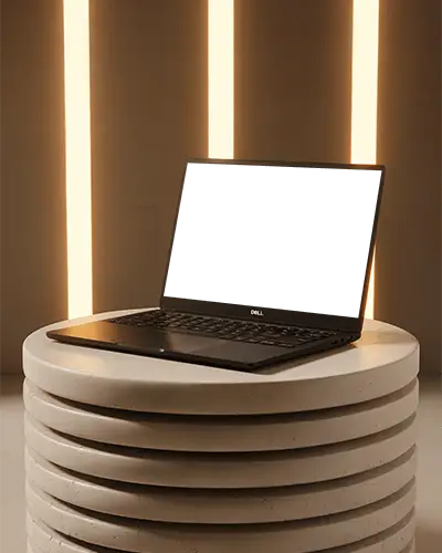 Dell Sleek Modern Laptop Mockup On Round Textured Pedestal With Vertical Light Strip Background