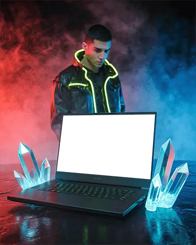 Futuristic Gaming Laptop Mockup With Glowing Crystals And Neon Smoke Background High Tech