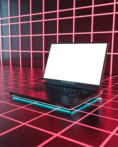 Sleek Portable Alienware Laptop Mockup Showcasing Gaming Hardware In Digital Grid Scene