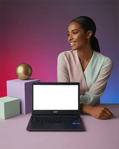 Elegant Female Model With Open Laptop Mockup For Technology Marketing And Digital Content